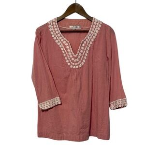 Boden Tunic Top 3/4 Sleeve Embroidered Appliqué Pink Cotton Lightweight Spring